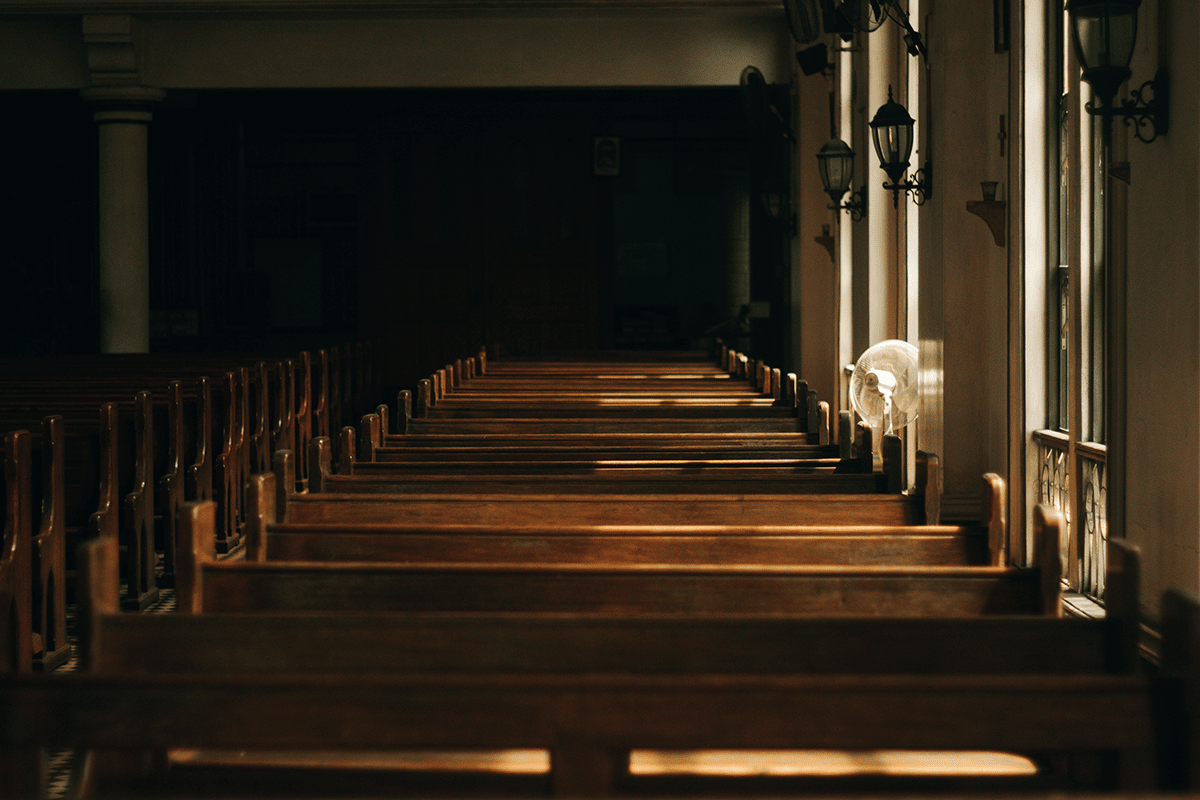 church pews in late evening